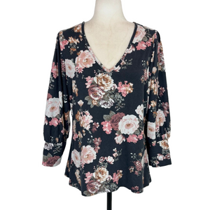 Bobeau black and pink floral top